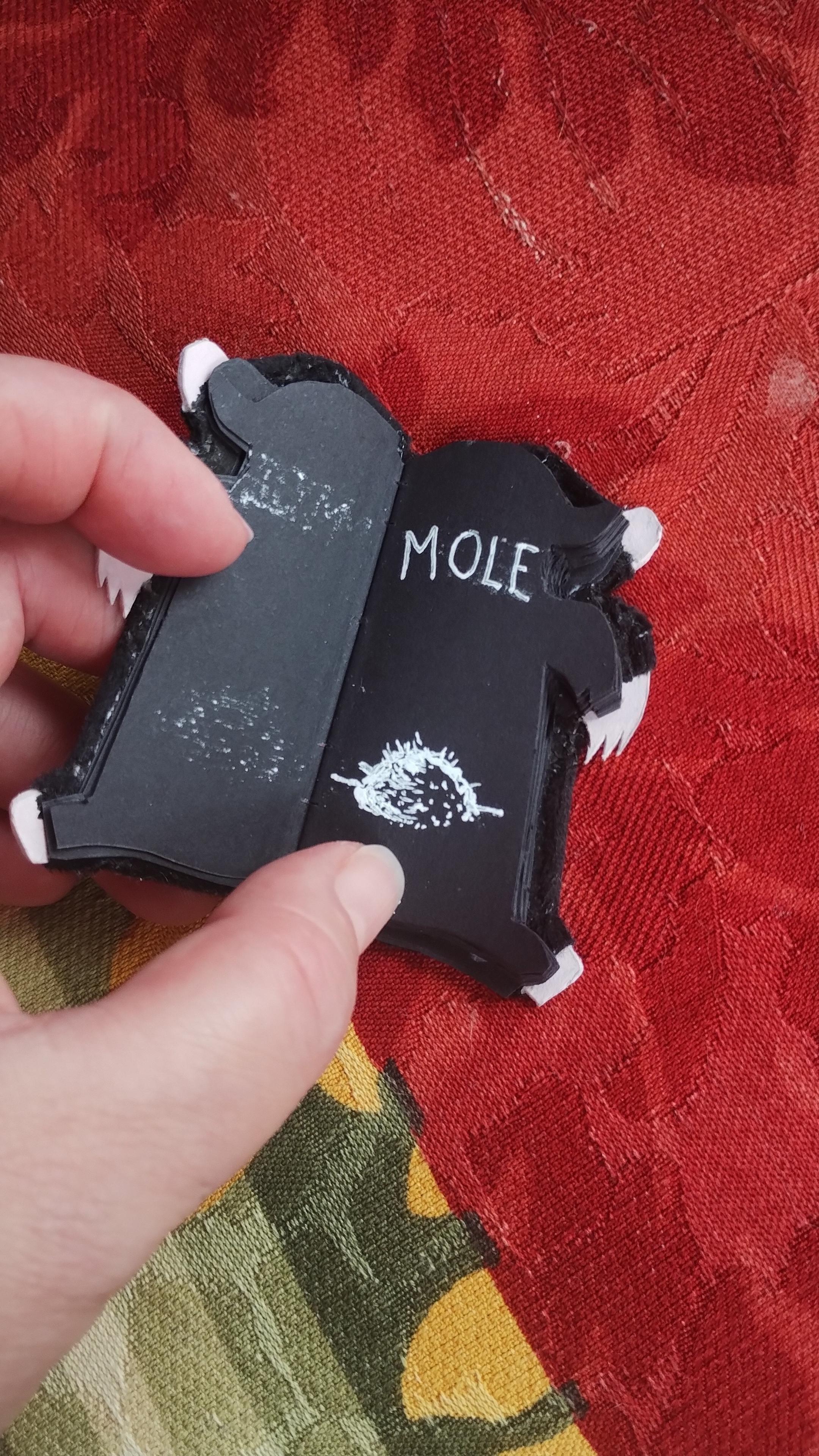 The mole book is opened to the first page. The pages are black with hand-drawn text which reads MOLE and a drawing of a mole hill in white ink is below the text