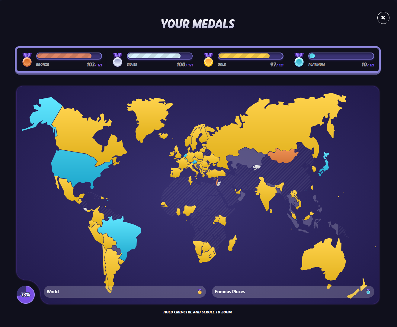 My GeoGuessr medal world map, with all the playable countries having a color (bronze, silver, gold, or platinum). Lots of countries are gold already, and 10 are platinum). 24 countries still need the gold medal.
