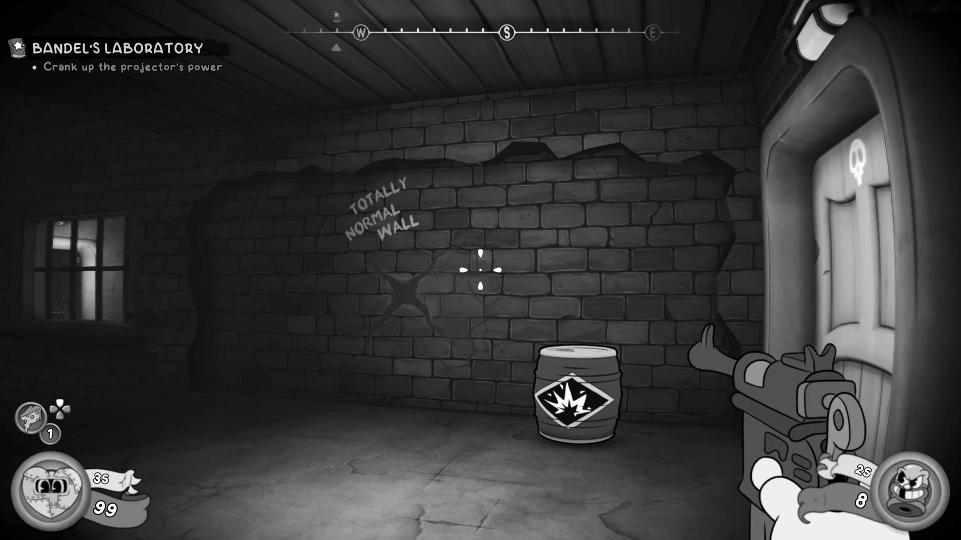 An explosive barrel next to a slightly fragile wall that has the text 'totally normal wall' written on it.