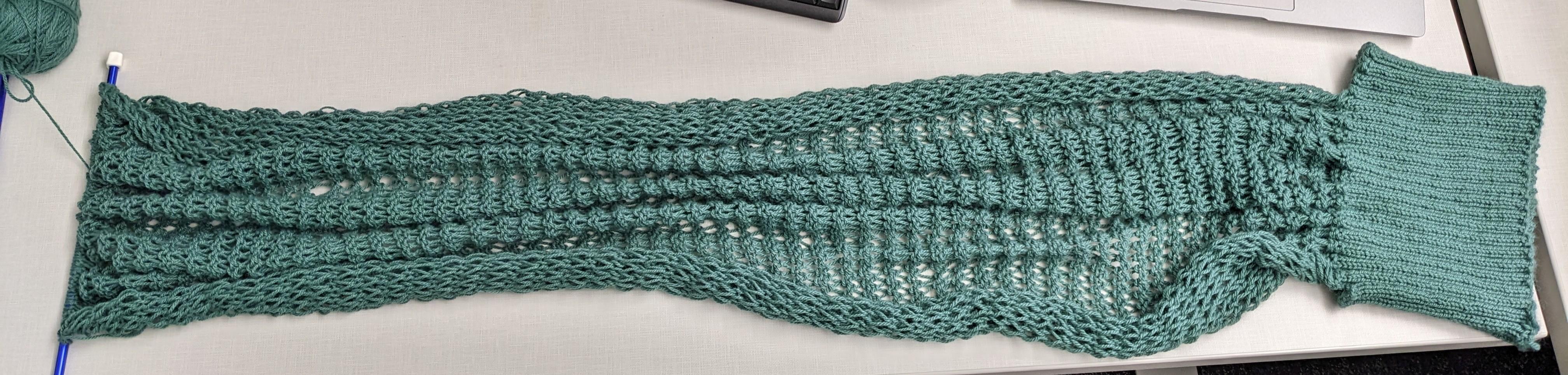 A very long lacey garter panel attached to a long K2P2 cuff.  The yarn is deep green and coming out of a reasonably sized ball.  The needles are 7.0mm blue straight needles.