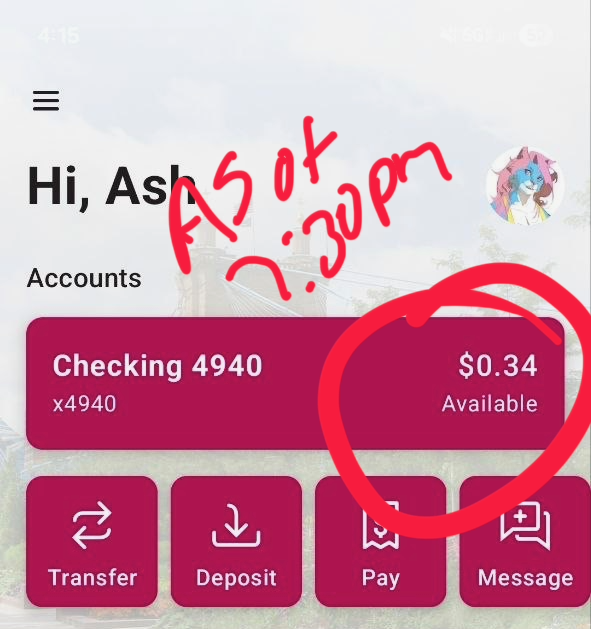 showing that as of 7:30pm on May 6, 2025 i have thirty four cents in my bank account. your help is appreciated