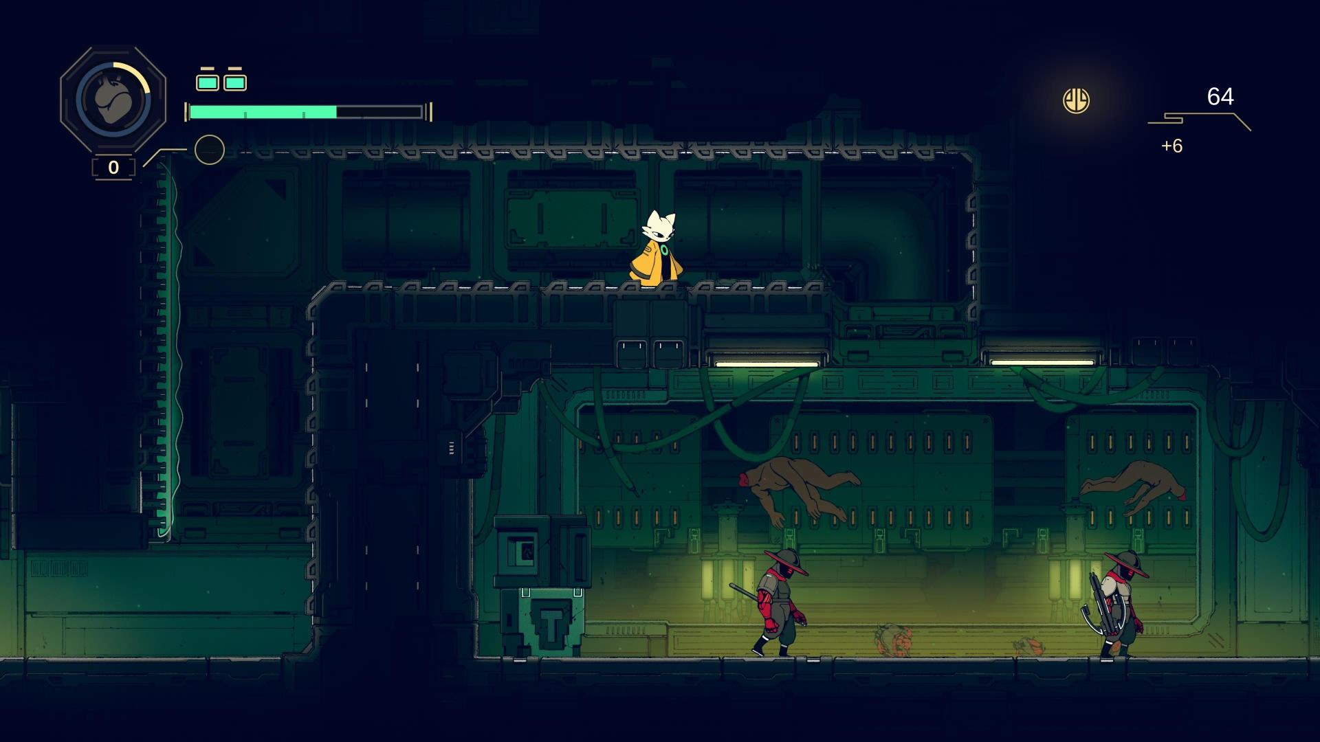 Screenshot from Nine Sols. A catlike creature dressed in a traditional far eastern robe is travelling through mechanical looking corridors, where samurai like robots are patrolling.