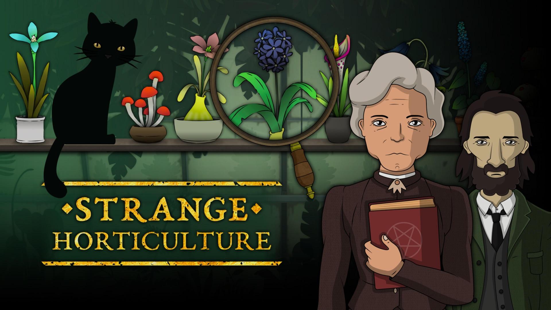 Title screen of the game. A drawing of a shelf full of plants, with a black cat sitting between them. On the right there are a man and a woman in classic clothing. The woman holds a book with a pentagram on the cover.
