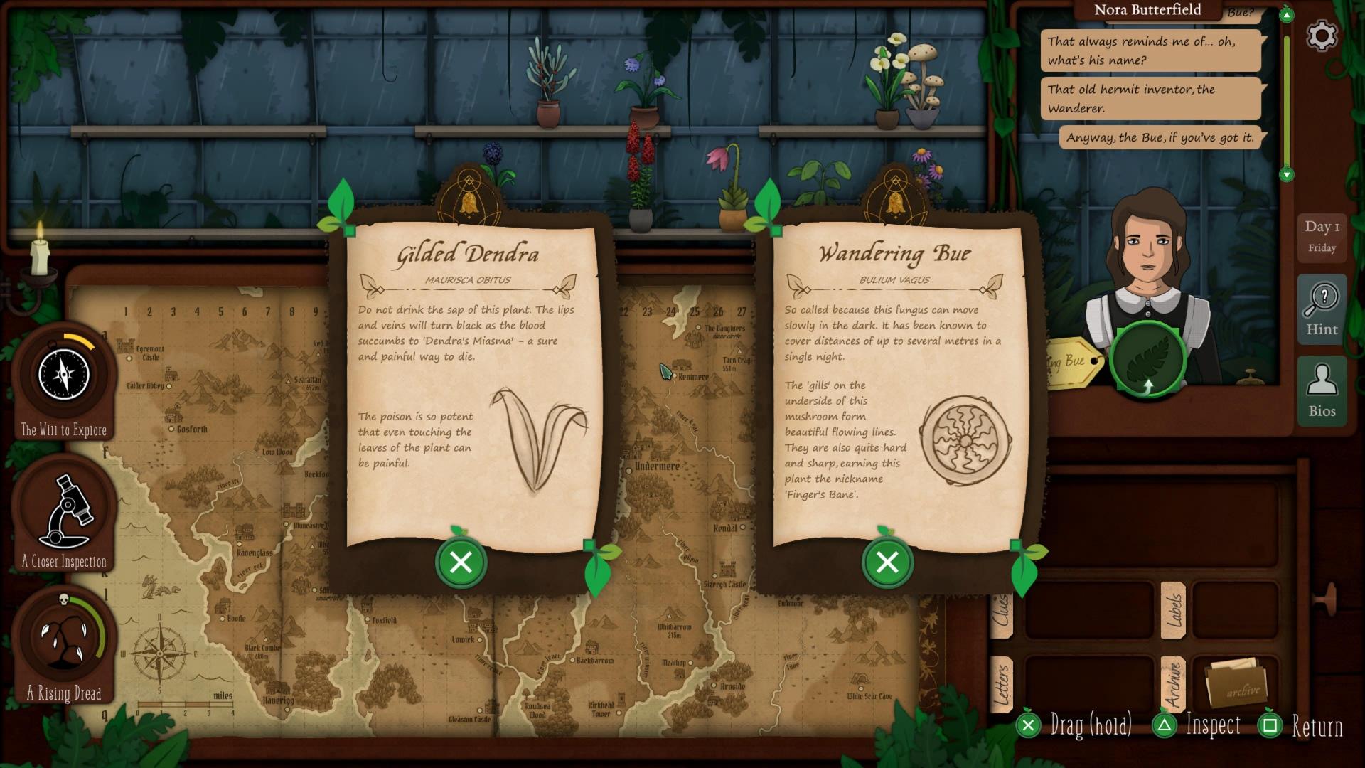 The game UI. There's the desk for all research related stuff (map, encyclopedia, microscope, letters, that kind of stuff), the shelves with all the plants, and the counter where clients come with their requests.